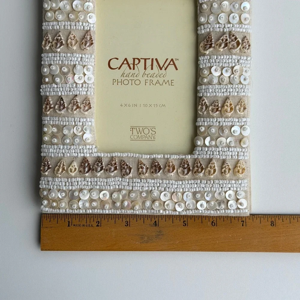 Vintage Captiva Photo Frame‎ 4x6 Cream Boho Chic Whimsy Shell Beaded Linen Beach